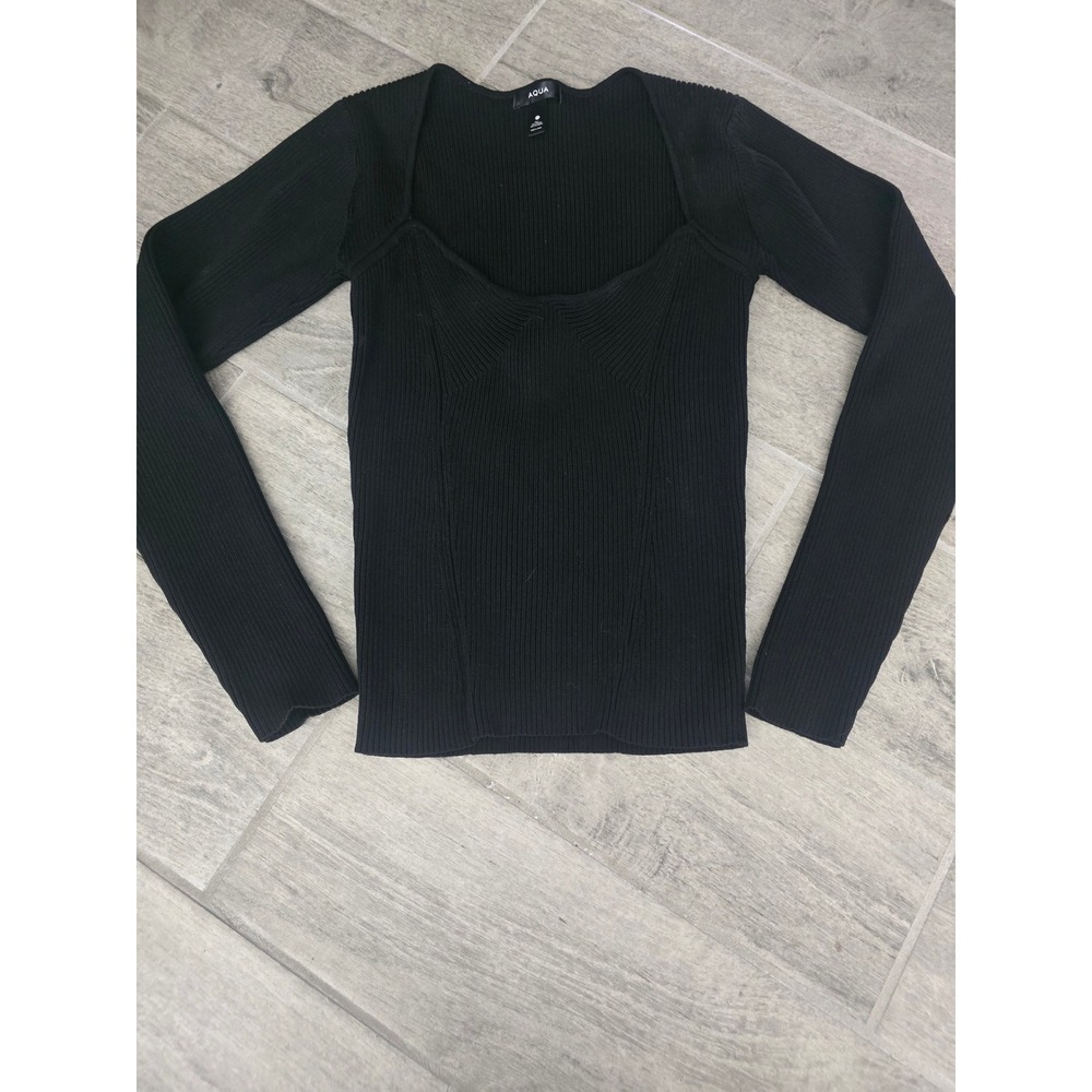 AQUA Black Ribbed Long Sleeve Sweetheart Neckline Knit Top‎ Womens Size Medium